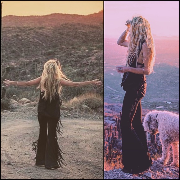 REGULAR LENGTH High Waisted Fringe Bell Bottoms in BLACK SOLID Rocker Festival - Picture 9 of 12